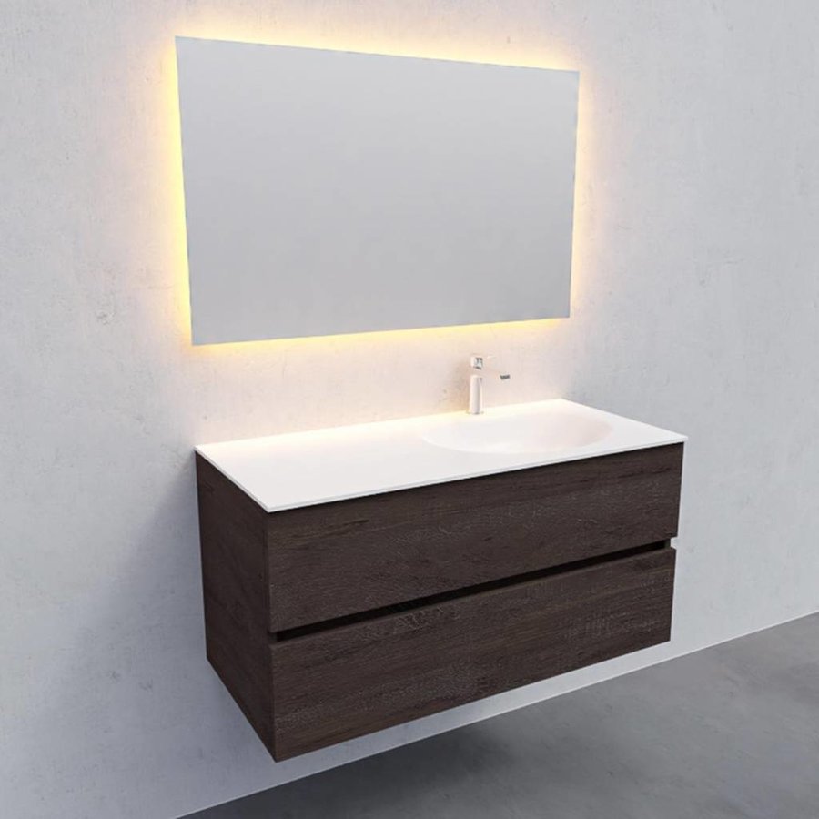 Badkamermeubel Solid Surface AQS Stockholm 100x46 cm Rechts Wood Dark Brown (1 kraangat)
