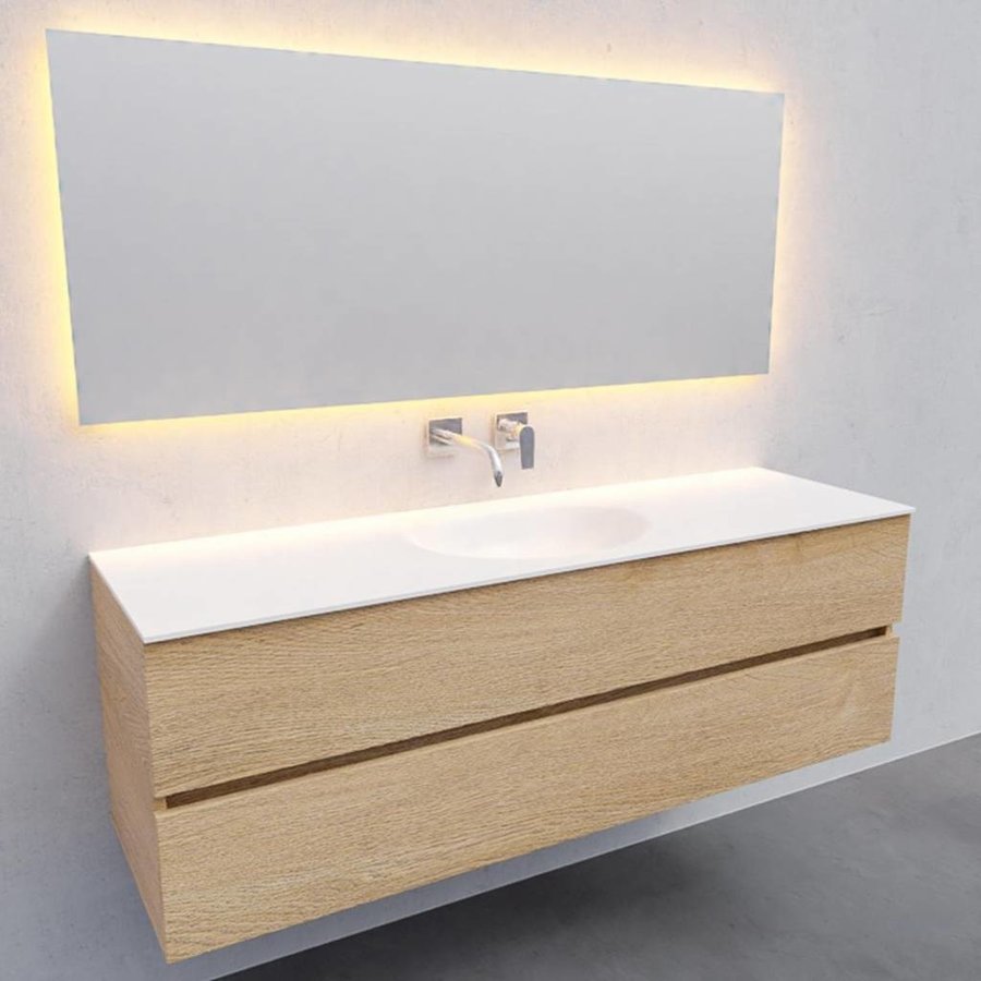 Badkamermeubel Solid Surface AQS Stockholm 150x46 cm Midden Wood Washed Oak (0 kraangaten)