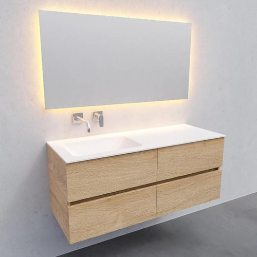 Badkamermeubel Solid Surface AQS Oslo 120x46 cm Links Wood Washed Oak 4 Laden (0 kraangaten) 
