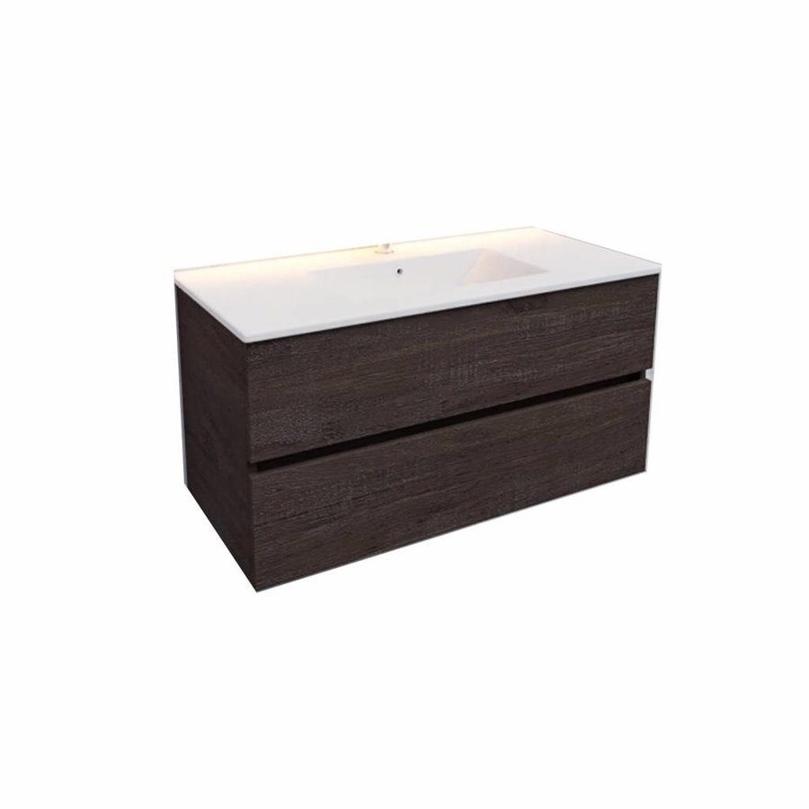 Badkamermeubel AQS Helsinki 100x46cm Keramiek Midden Wood Dark Brown 2 Laden (1 kraangat)