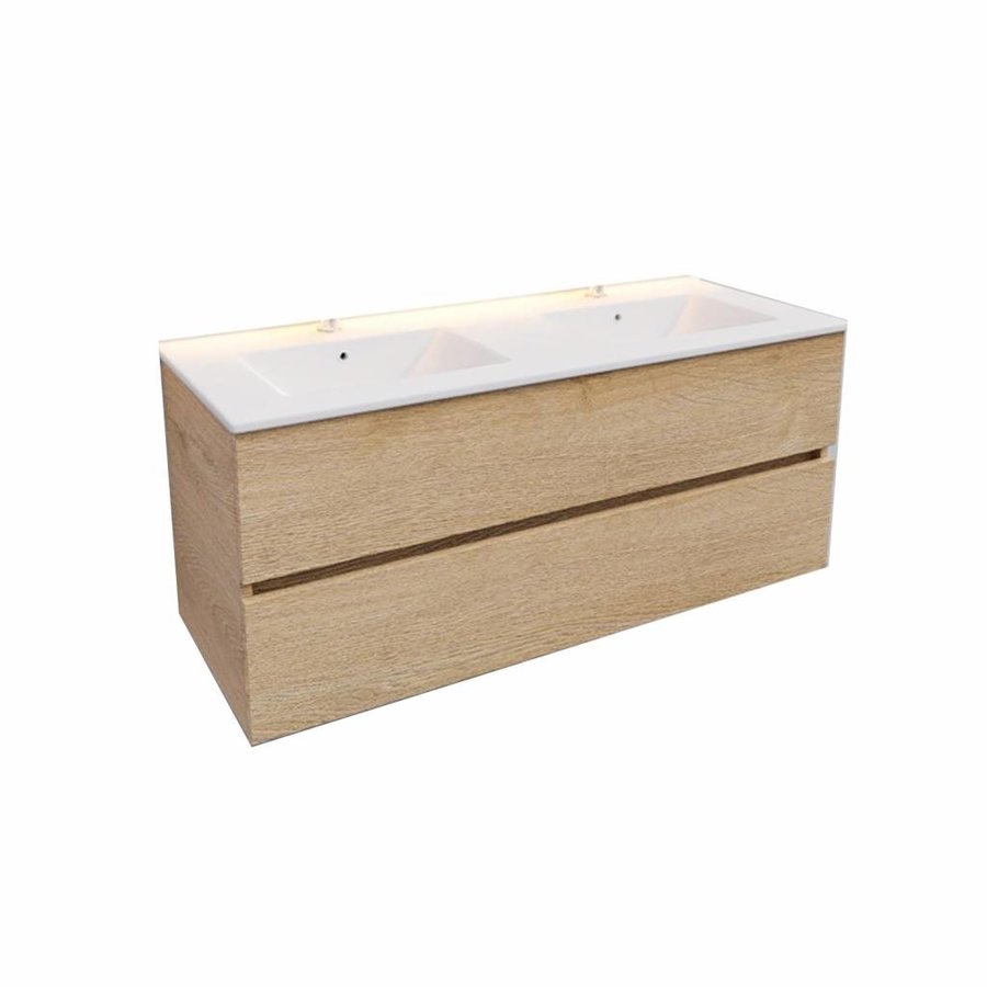 Badkamermeubel AQS Helsinki 120x46cm Keramiek Dubbel Wood Washed Oak 2 Laden (2 kraangaten)