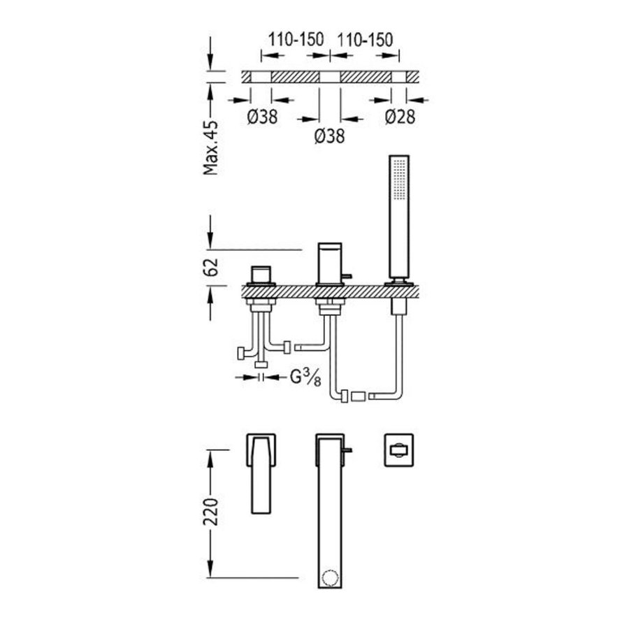 Badrand Mengkraan Tres Slim met Handdouche 22x6.2 cm Vierkant Mat Zwart