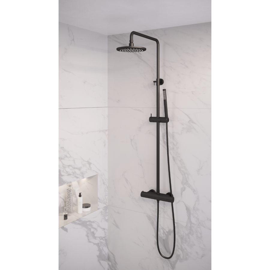 Regendouche Brauer Black Showerpipe met Thermostaat 20cm Mat Zwart