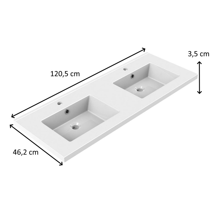 Wastafel Dubbel Allibert Tobi 120,5x46,2x3,5 cm met Kraangaten en Overloop Porselein Glanzend Wit