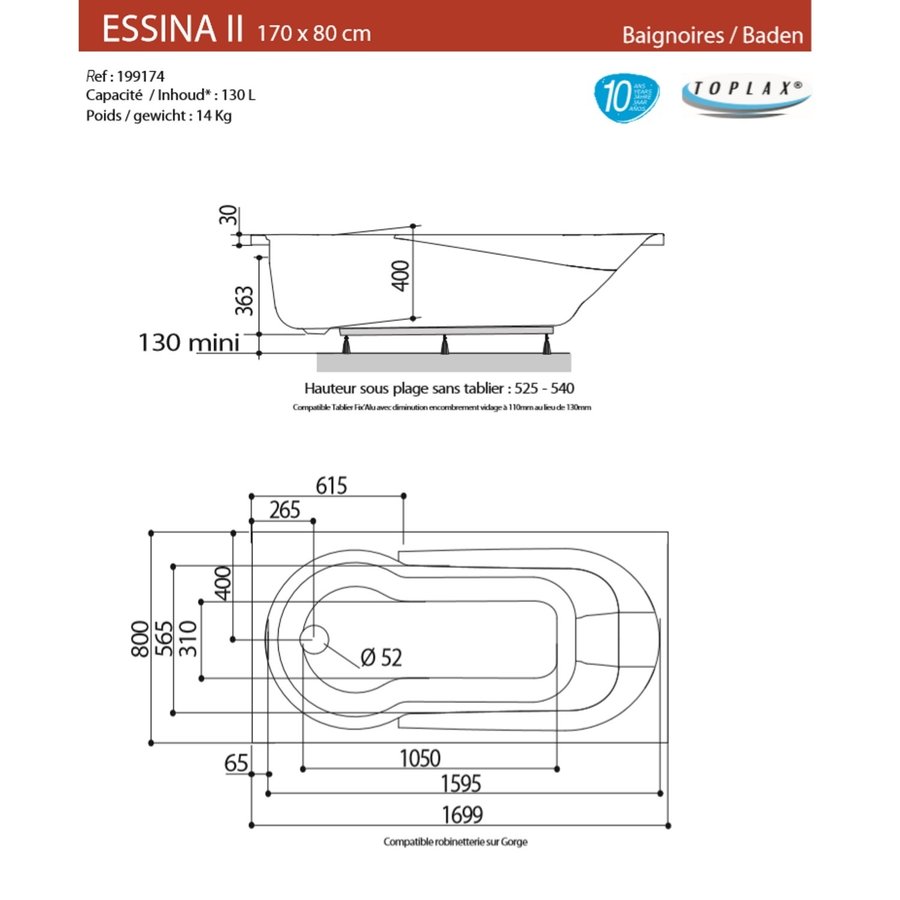 Ligbad Allibert Essina² 170x80x52,5-54