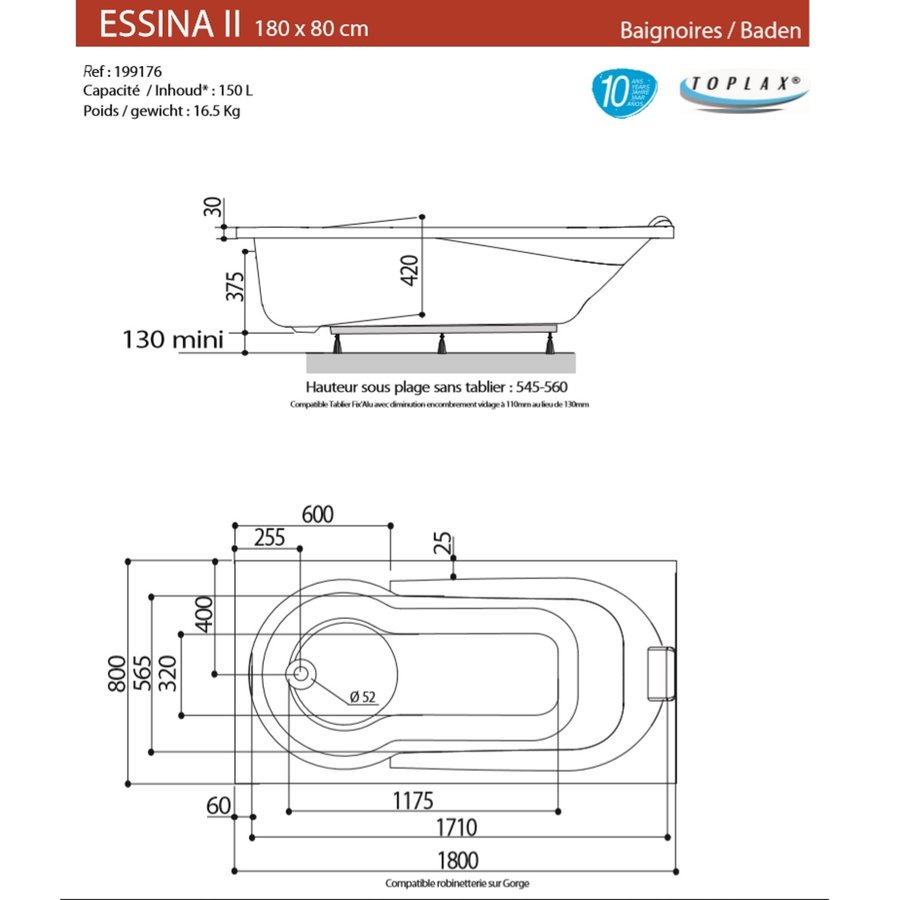 Ligbad Allibert Essina² 180x80x54-55 cm