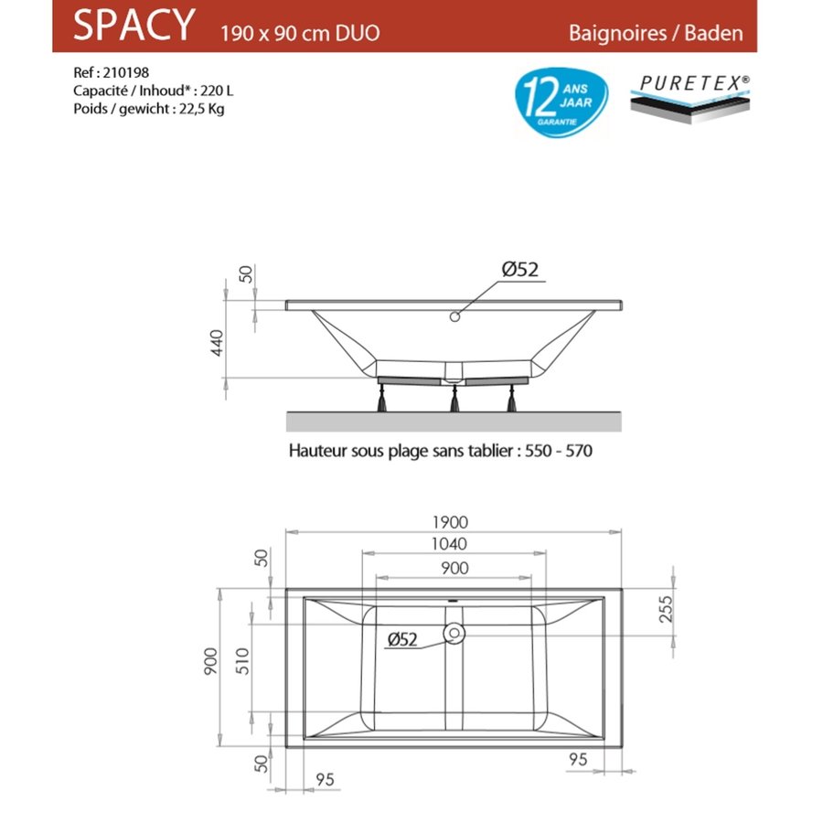 Ligbad Allibert Spacy DUO 190x90x55-57 cm