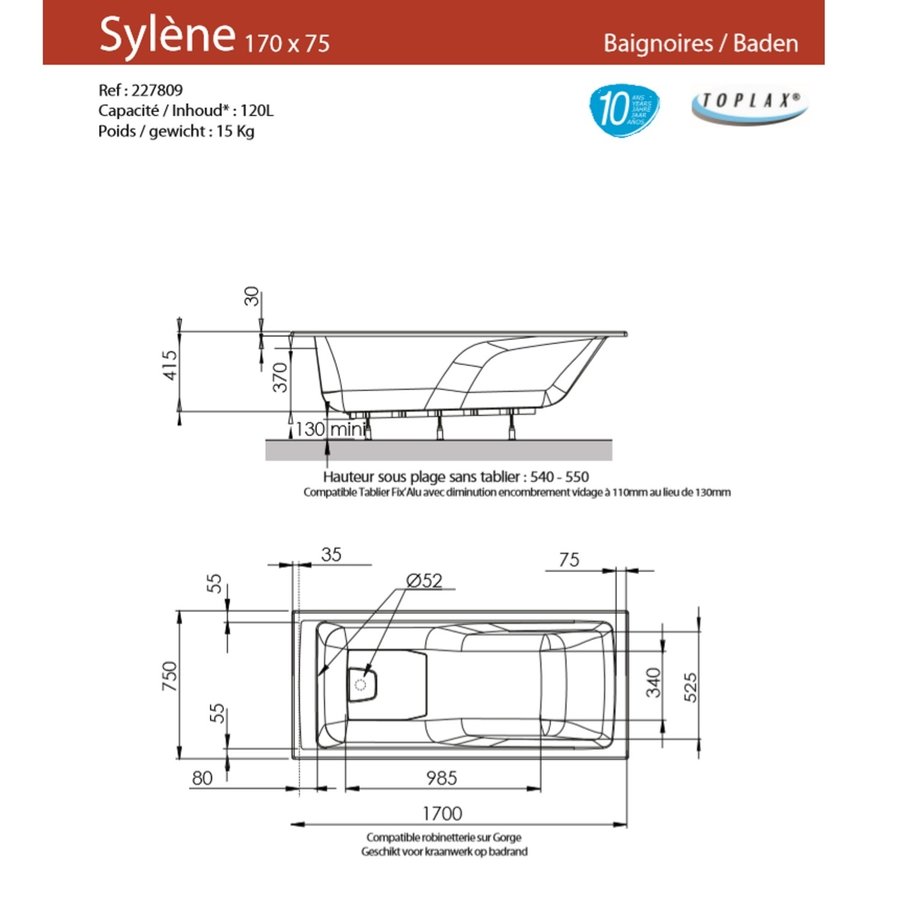 Ligbad Allibert Sylene 170x75x54-55 cm