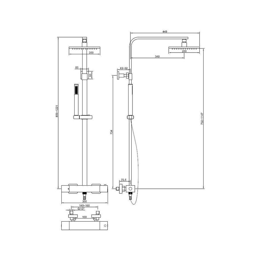 Ceres Square Douche-Opbouwset + Thermostaat Kraan Chroom