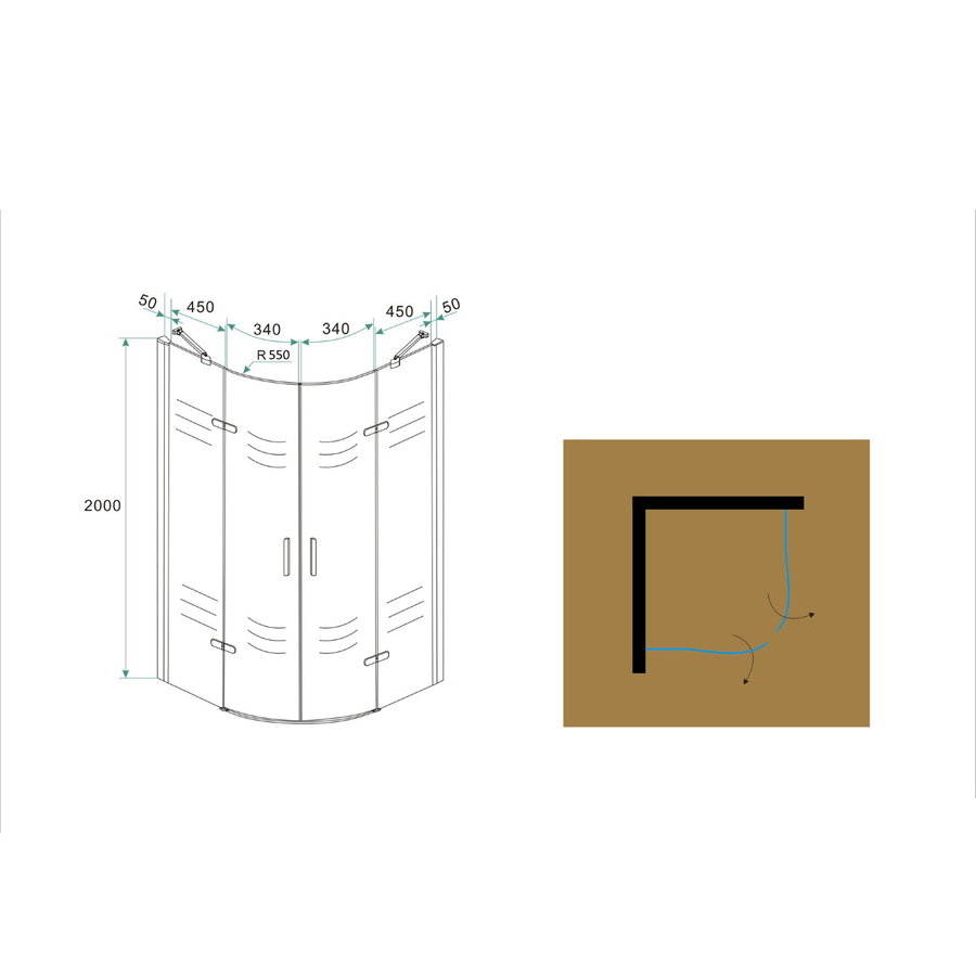 1/4 Ronde Cabine 2 Dr.Deuren 1000X1000X2000 Chroom 8Mm Nano