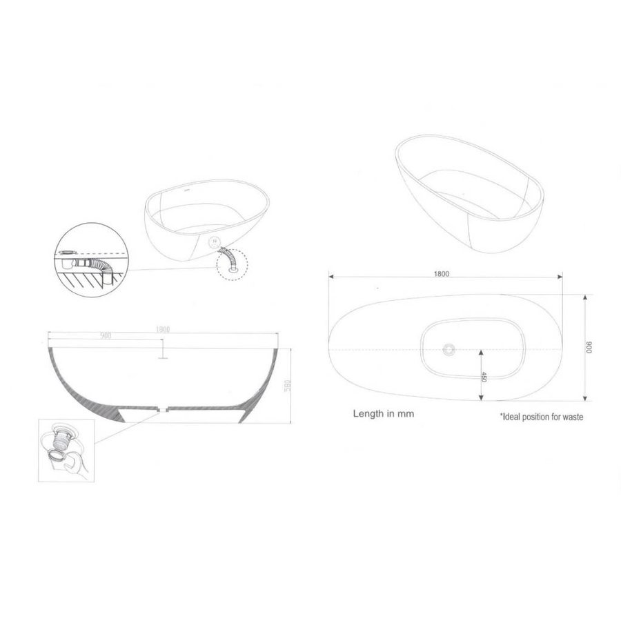 Vrijstaand Bad Puur 180X90X58Cm Solid Surface Glans Wit
