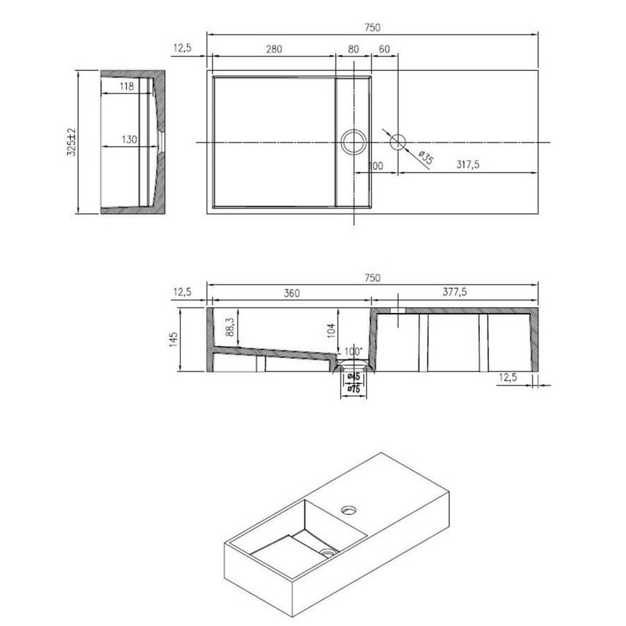 Wastafel N75 Just Solid 75X33X15Cm (Kraangat Rechts)