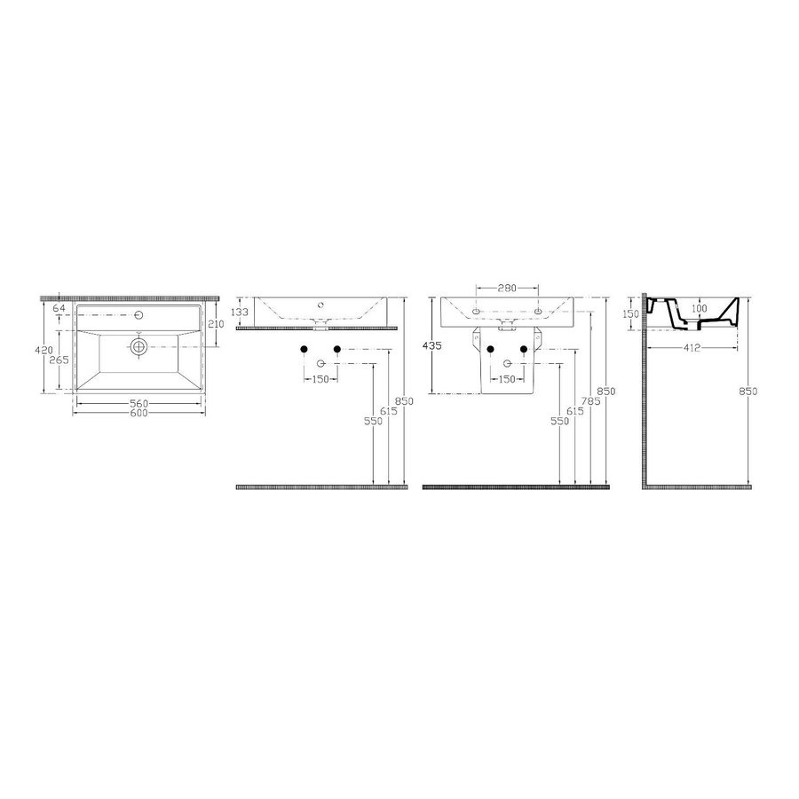 Wastafel Opbouw Sapho Aqualine Rechthoekig 60x42x13.3 cm Keramiek Wit