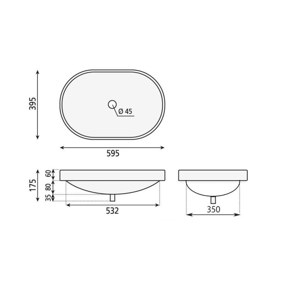 Waskom Sapho Lima Inbouw Ovaal 53.2x39.5x17.5 cm Keramiek Wit