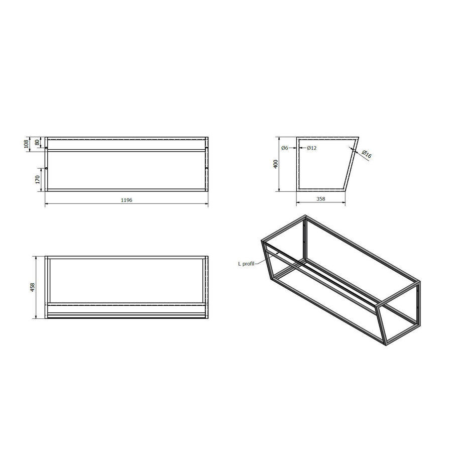 Ophangbeugel Sapho SKA Industrial voor Wastafelblad MA120 120 cm met MDF plank Mat Zwart