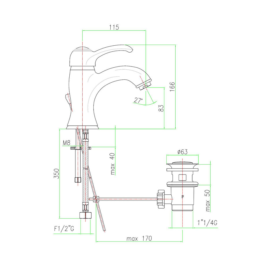 Wastafelmengkraan Sapho Kirk� 1-hendel Gebogen 16.6 cm Brons (incl. clickwaste)