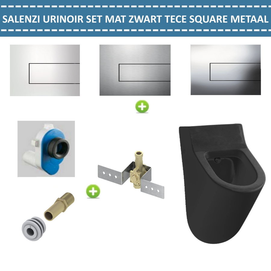 Urinoir Set Salenzi Hung Achterinlaat Mat Zwart met TECE Square Drukplaat Metaal