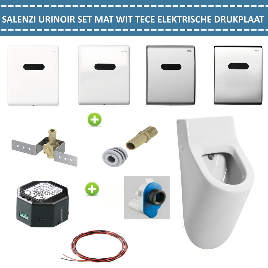 Urinoir Set Salenzi Hung Achterinlaat Mat Wit met TECE Drukplaat Elektronisch Adaptor