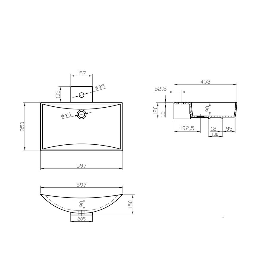 Wastafel Sapho Quintet Rechthoek 59.7x35x15 cm Solid Surface Mat Wit