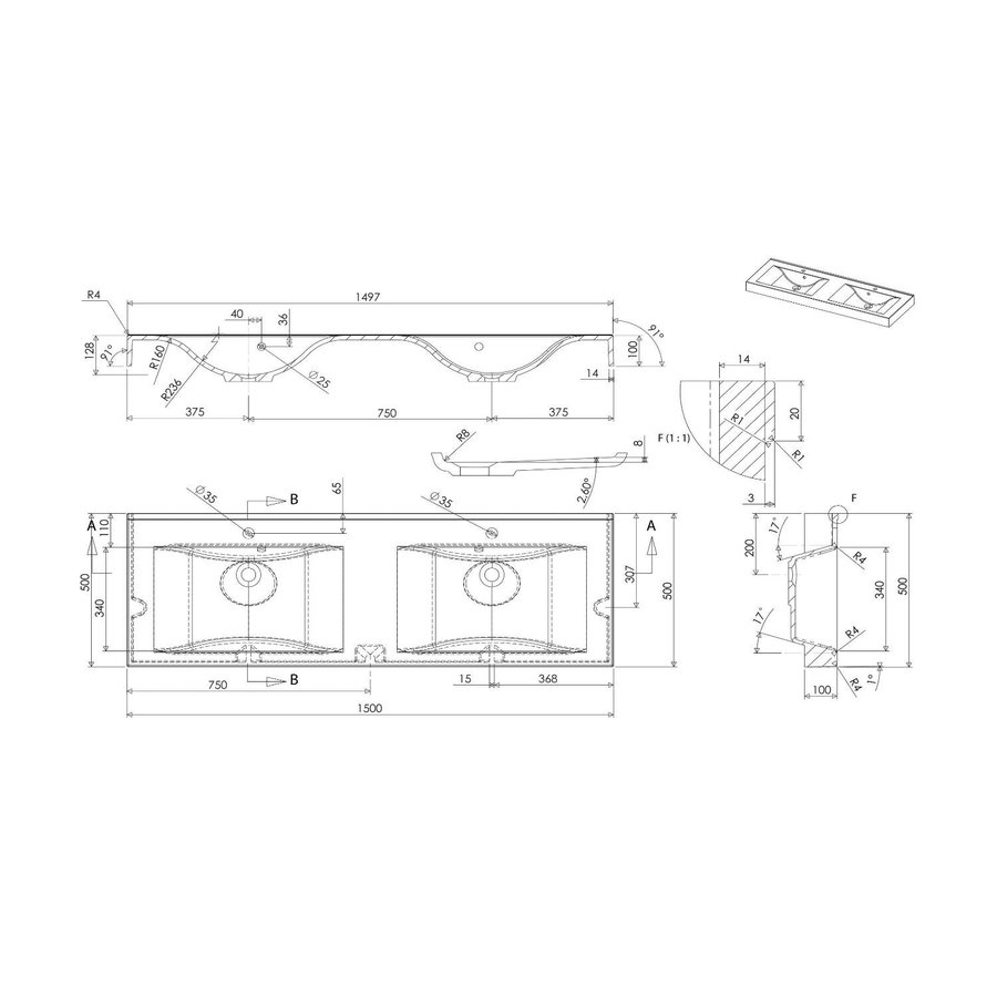 Wastafel Sapho Flavia Dubbel Rechthoek 150x50 cm Marmer Wit