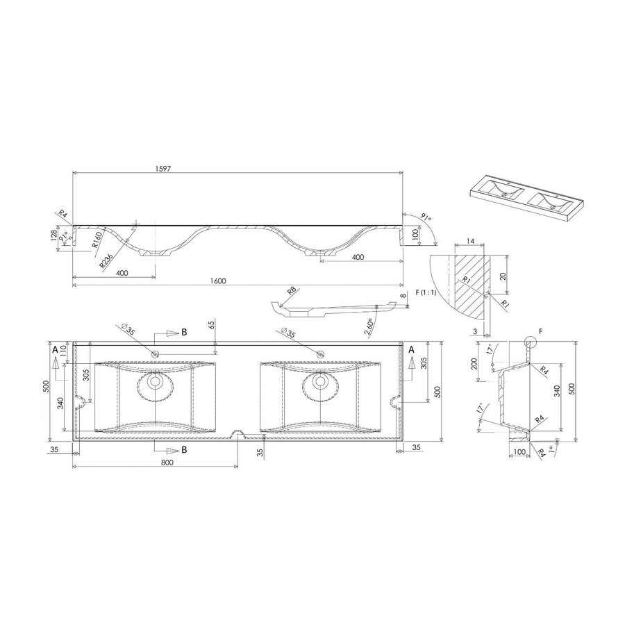 Wastafel Sapho Flavia Dubbel Rechthoek 160x50 cm Marmer Wit