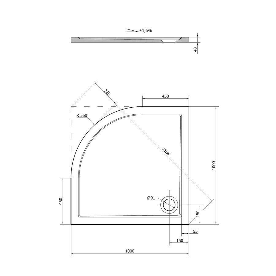 Douchebak Marmer Sapho Sera 100x100x4 cm Kwartrond Wit