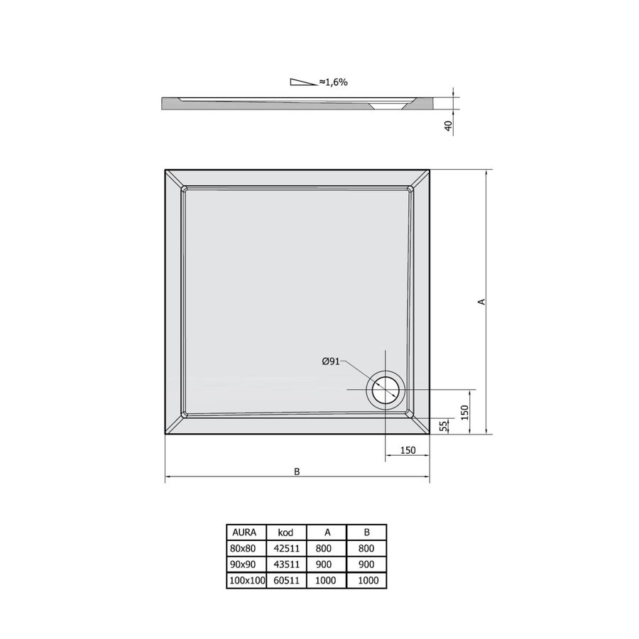 Douchebak Marmer Sapho Aura 100x100x4 cm Vierkant Wit