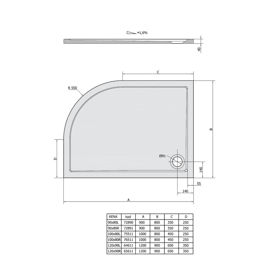 Douchebak Marmer Sapho Rena 90x80x4 cm Kwartrond Links Wit