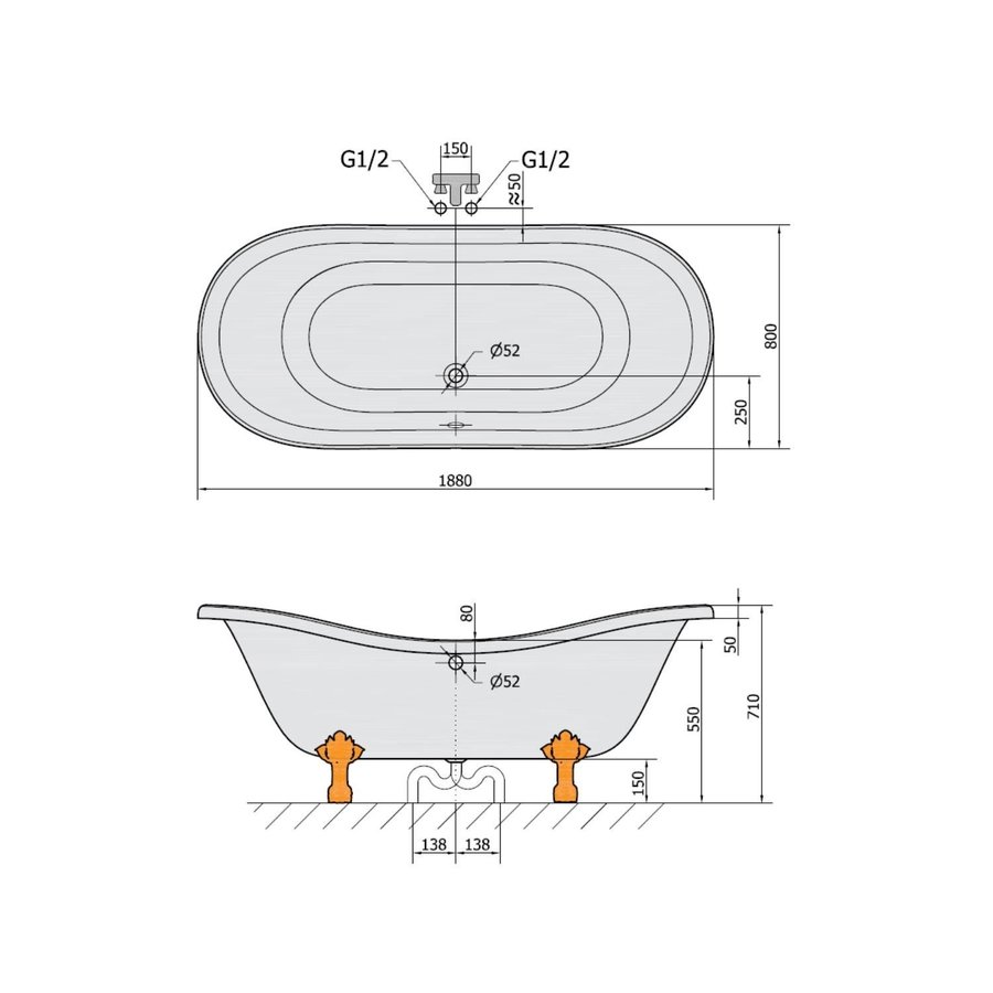 Vrijstaand Bad Sapho Charleston 188x80x71 cm Wit / Zwart met Leeuwenpoten