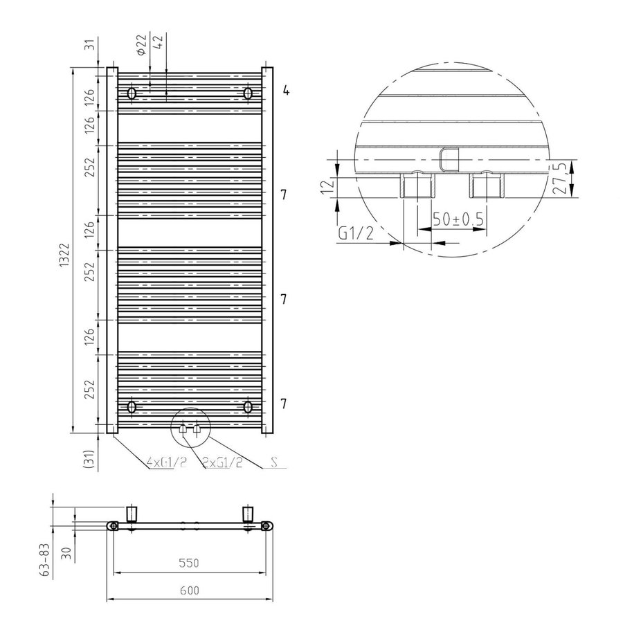 Handdoekradiator Sapho Direct Recht Middenaansluiting 60x132.2 cm 693W Wit