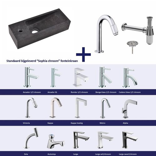 Fonteinset Natuursteen Small 38x14x8 Cm Chroom (Keuze Uit 20 Kranen) 