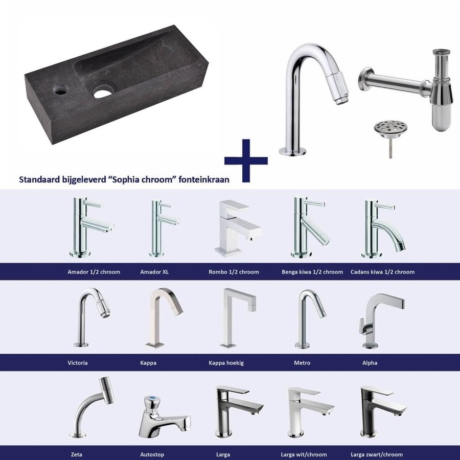 Fonteinset Natuursteen Small 38x14x8 Cm Chroom (Keuze Uit 20 Kranen)