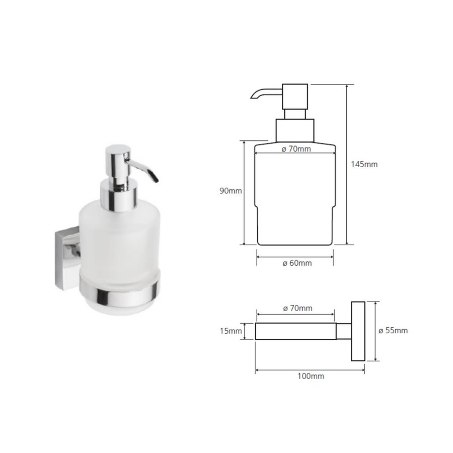 Zeepdispenser Sapho X-Square Hangend 200 ML Chroom / Melkglas