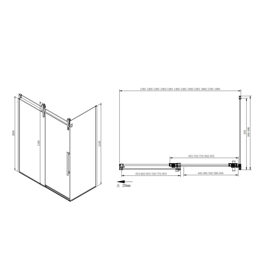 Zijwand Sapho Volcano 90x200 cm 8 mm Helder Glas tbv nisdeur Volcano