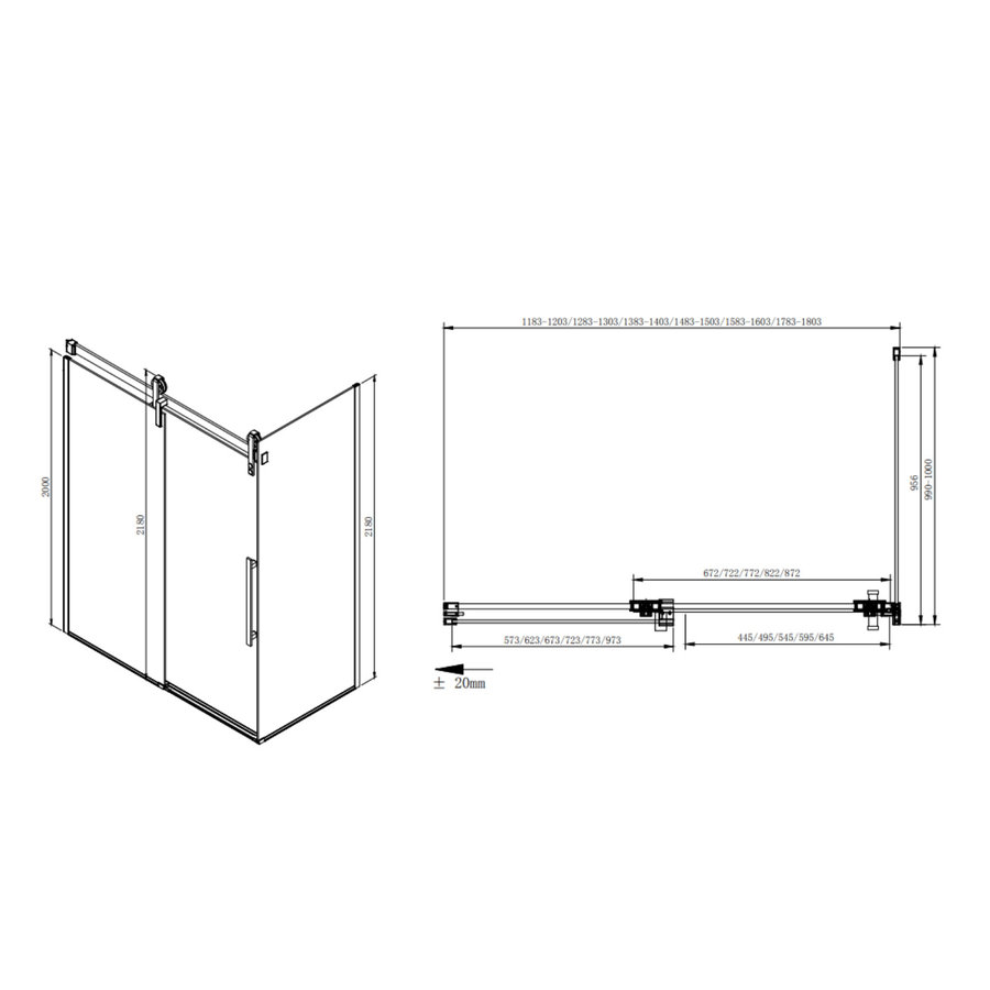 Zijwand Sapho Volcano 100x200 cm 8 mm Helder Glas tbv nisdeur Volcano Mat Zwart