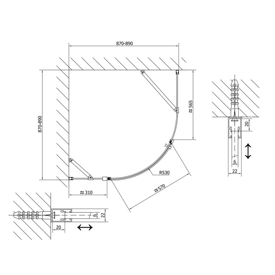 Douchecabine Sapho Zoom Line Black Kwartrond Draaideur 90x90 cm 6 mm Gecoat Glas Mat Zwart Rechts