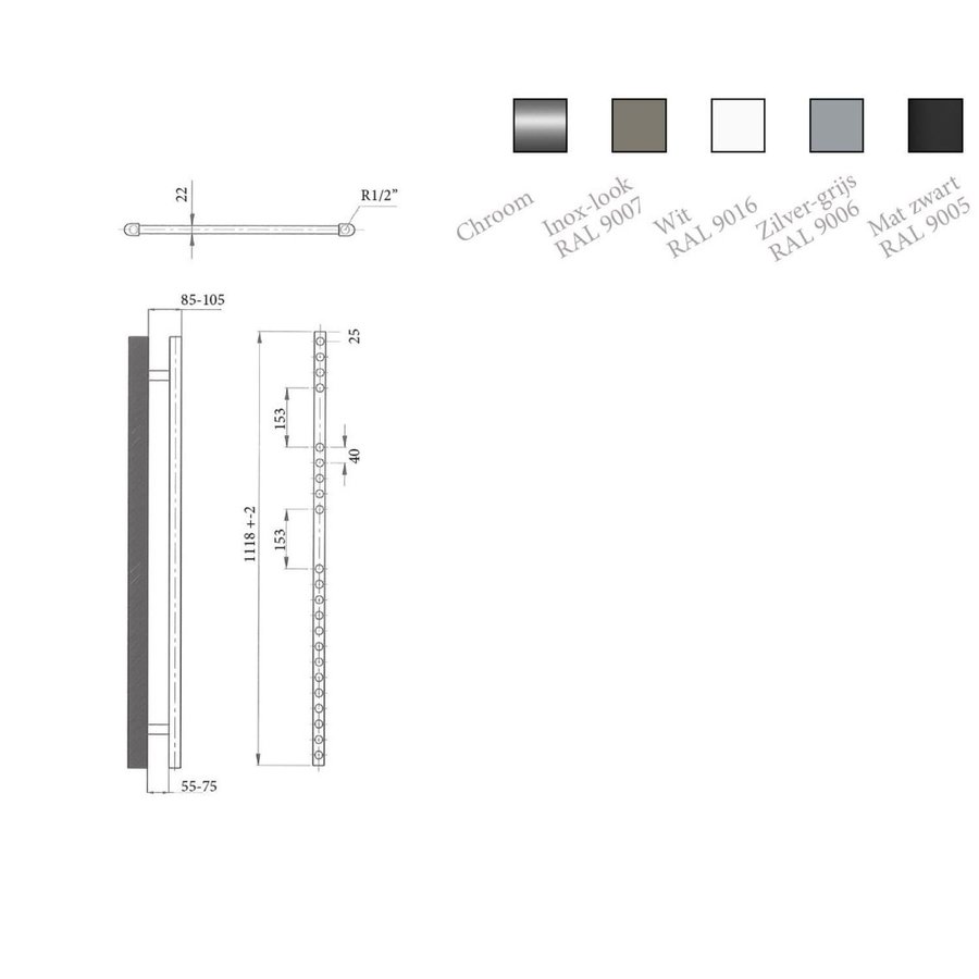 Elektrische Design Radiator Sanicare Plug En Play 111,8 x 60 cm Wit Thermostaat Zwart 730 Watt
