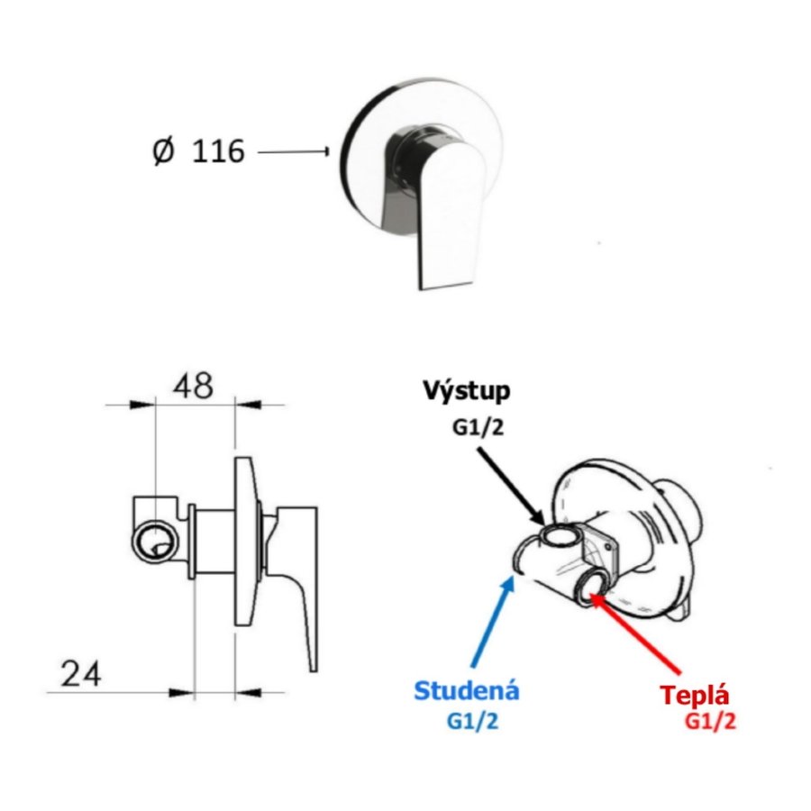 Douchemengkraan Inbouw Sapho KAI Afbouwdeel 1-weg Mat Zwart (incl. inbouwdeel)