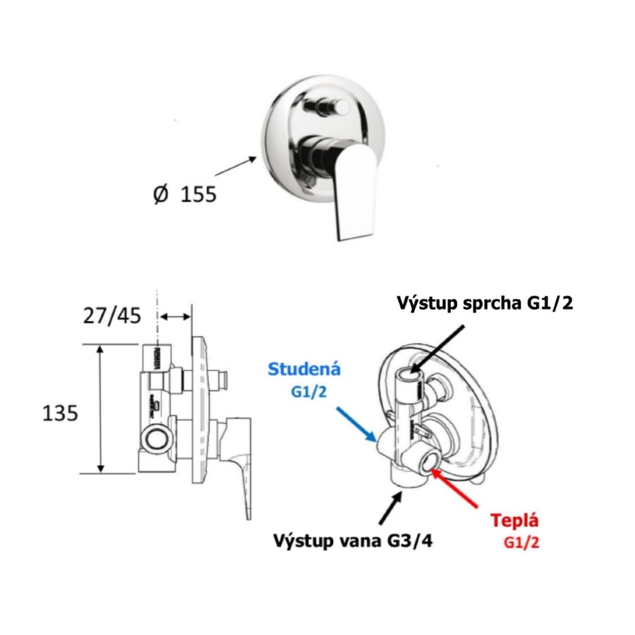 Douchekraan Inbouw Sapho KAI Mengkraan Afbouwdeel 2-weg Mat Zwart (incl. inbouwdeel)