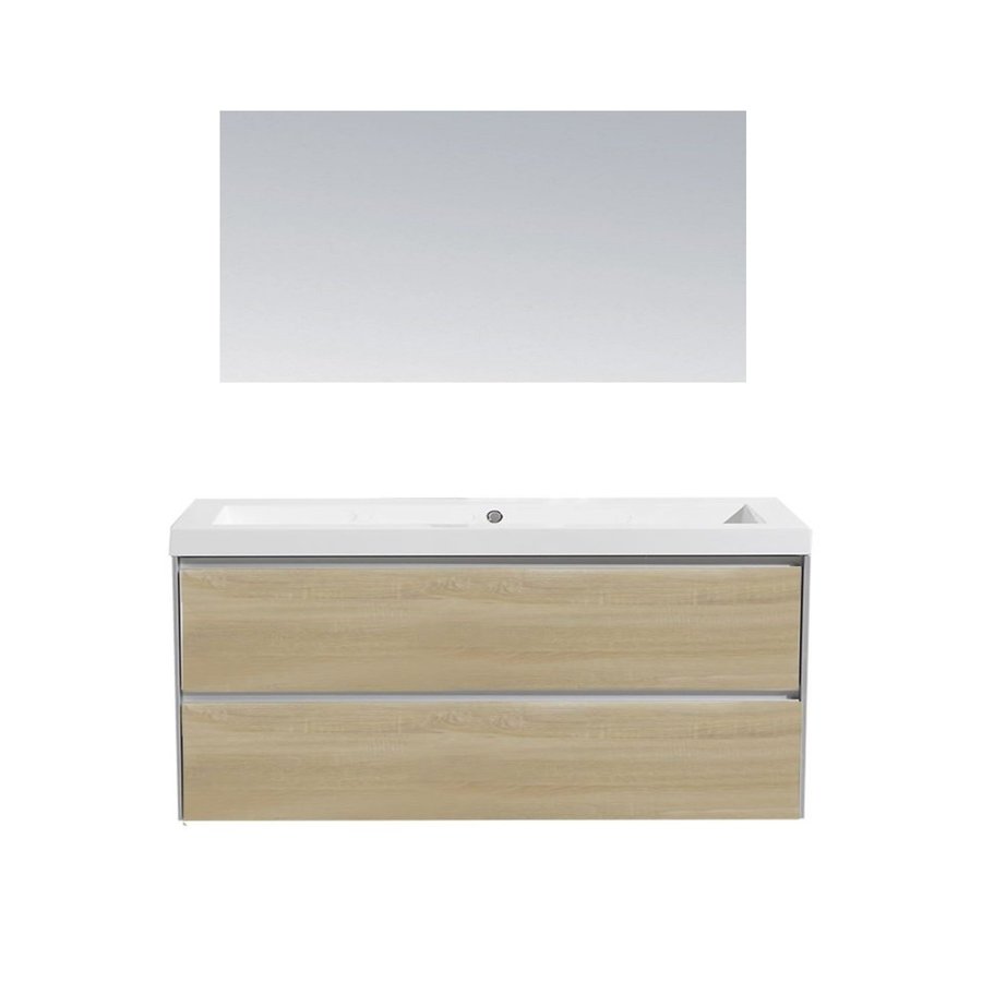 Badkamermeubel Sanilux PL 120 Greeploos Incl Spiegel En Wastafel Light Wood Multiplex 120x47x50 cm