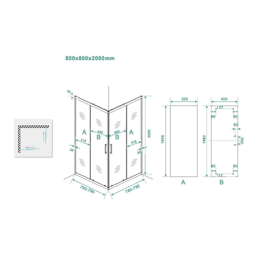 Douchecabine Boss & Wessing Vierkant Hoekinstap 2 Schuifdeuren 80x80x200cm 8mm Helder Glas met Nano Coating Mat Zwart