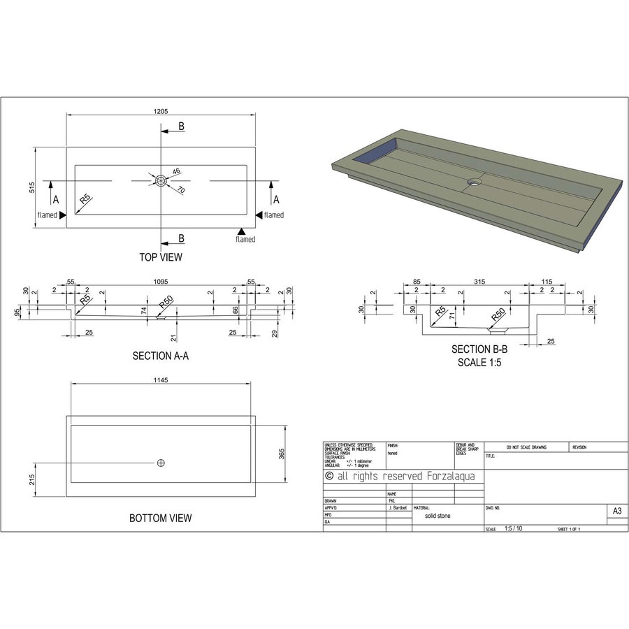 Wastafel Forzalaqua Helsinki Hardsteen Gezoet Zonder Kraangat 120,5x51,5x9,5 cm