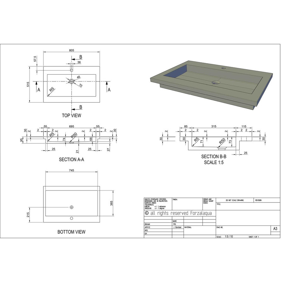 Wastafel Forzalaqua Helsinki Hardsteen Gezoet Met Kraangat 80,5x51,5x9,5 cm