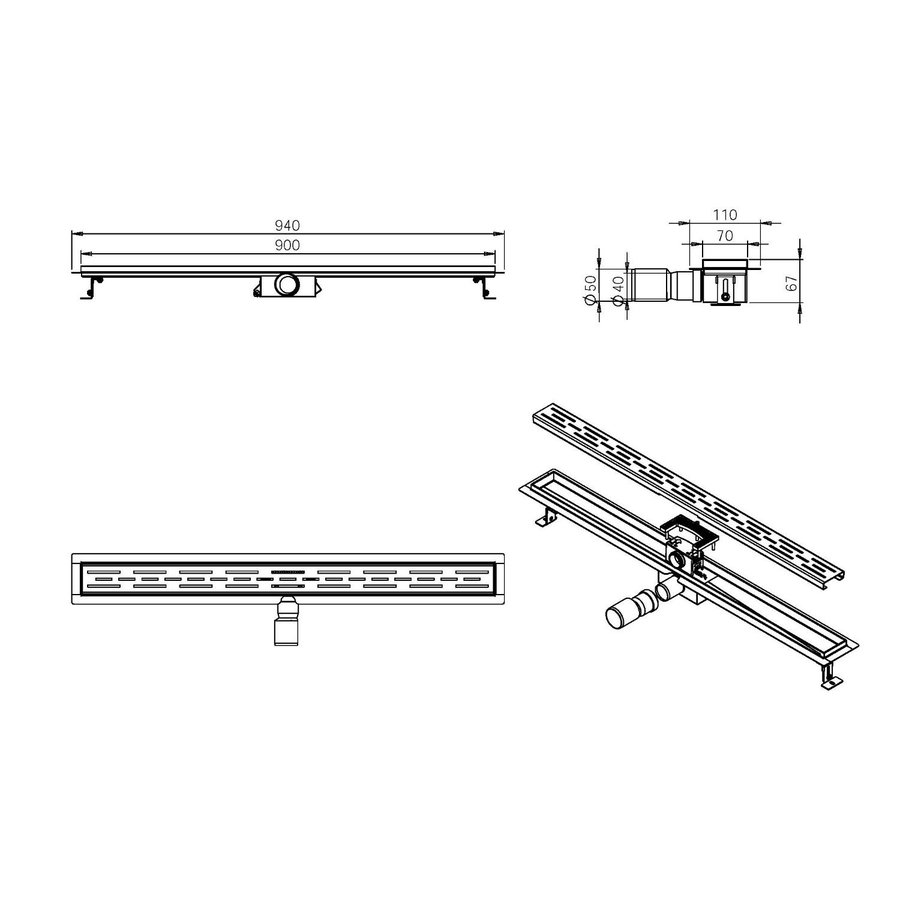 Douchegoot Wiesbaden Met Flens 90x7cm 6.7cm Diep Geborsteld Messing Goud