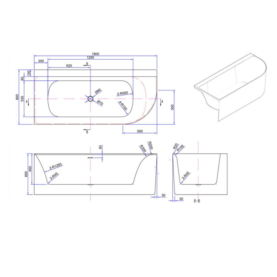 Half Vrijstaand Hoekbad Links Luca Sanitair Primo Acryl 180x80x60 cm Mat Wit (inclusief afvoer en sifon)
