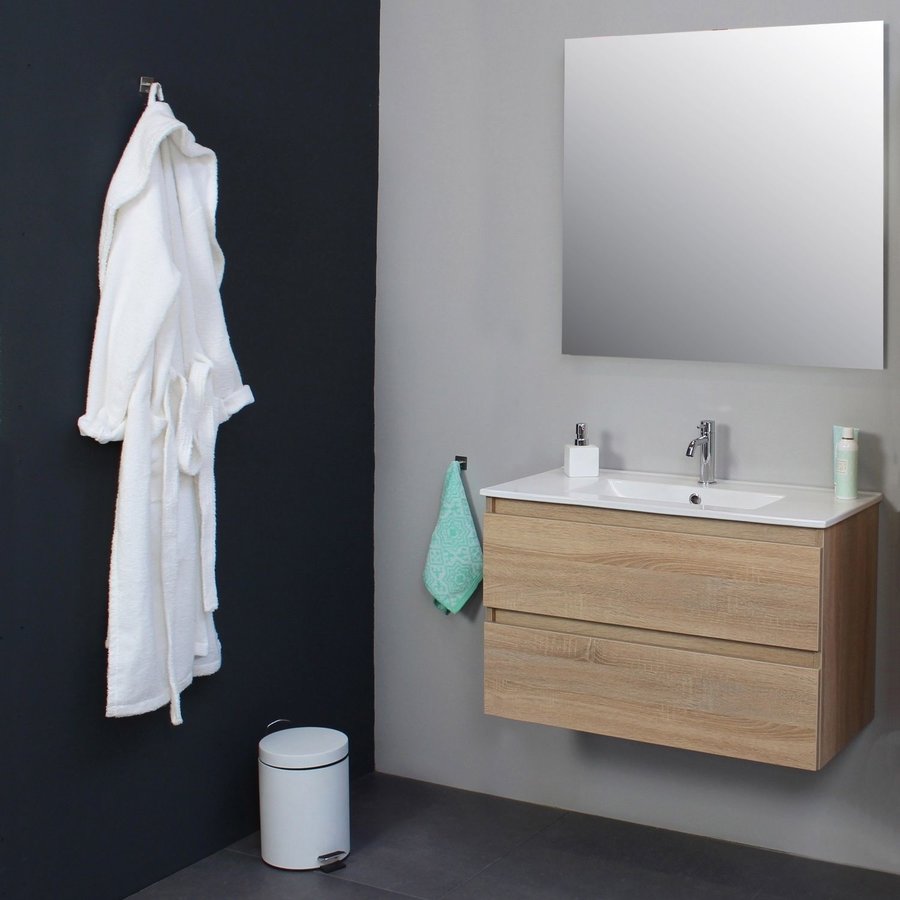 Badkamermeubel Boss & Wessing Pepper Wastafel Porselein Met Kraangat 80x55x46 cm Eiken