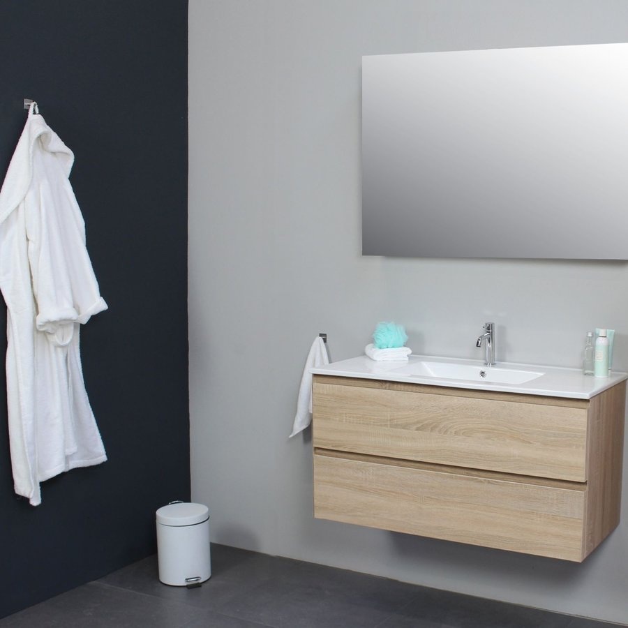 Badkamermeubel Boss & Wessing Pepper Wastafel Porselein Met Kraangat 100x55x46 cm Eiken