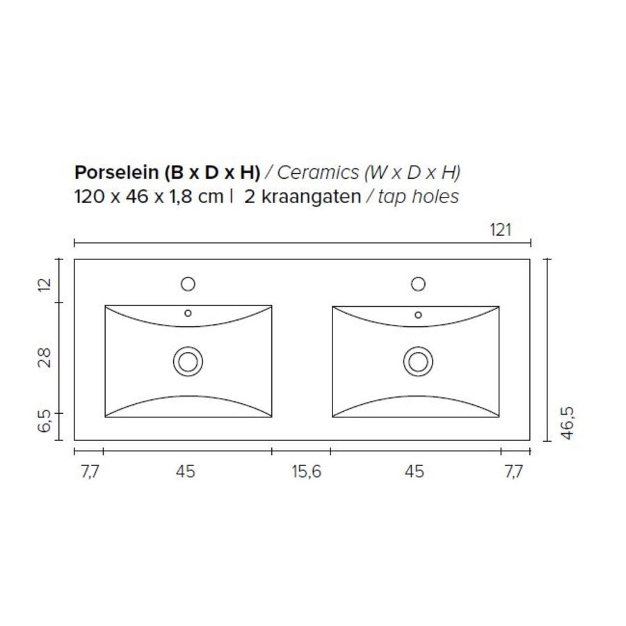 Badkamermeubel BWS Pepper Wastafel Porselein 2 Kraangaten Spiegelkast 120x55x46 cm Wit