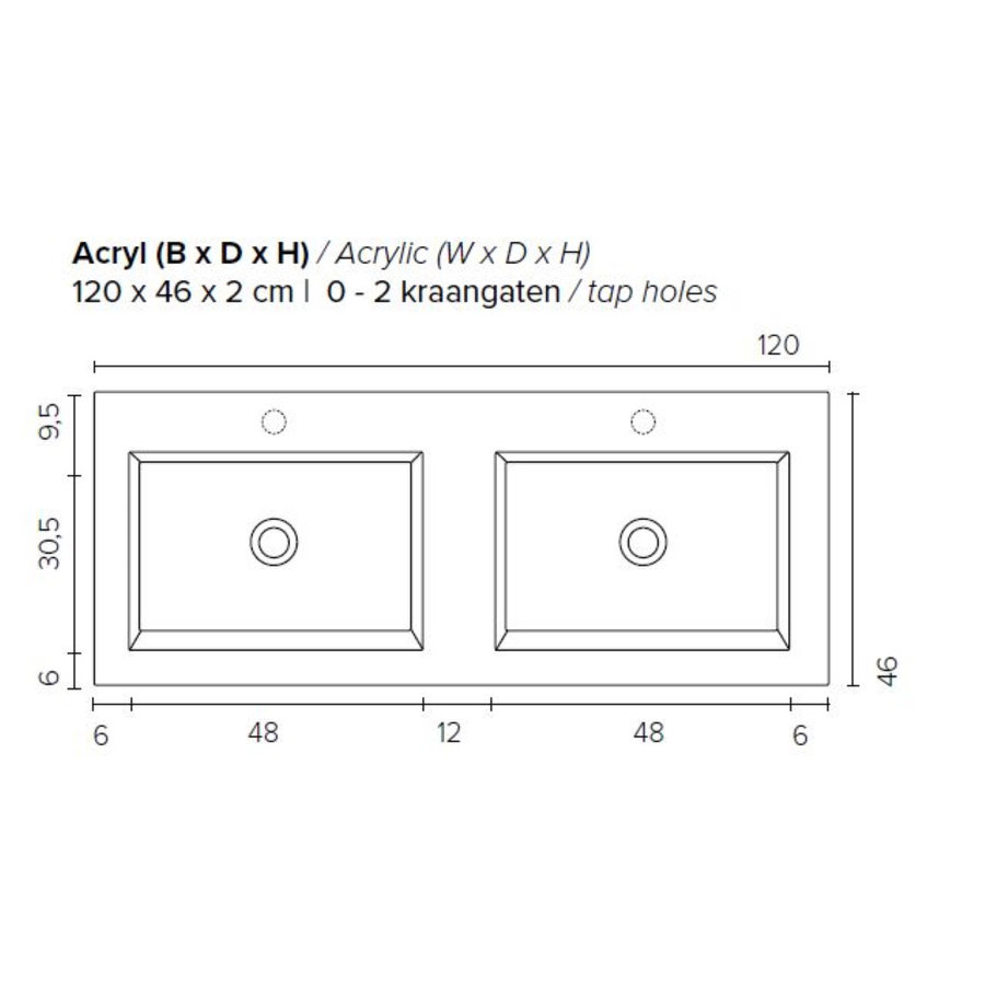Badkamermeubel Boss & Wessing Pepper Acryl Wastafel Twee Kraangaten 120x55x46 cm Wit