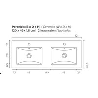 Badkamermeubel Boss & Wessing Pepper Wastafel Porselein Twee Kraangaten 120x55x46 cm Wit